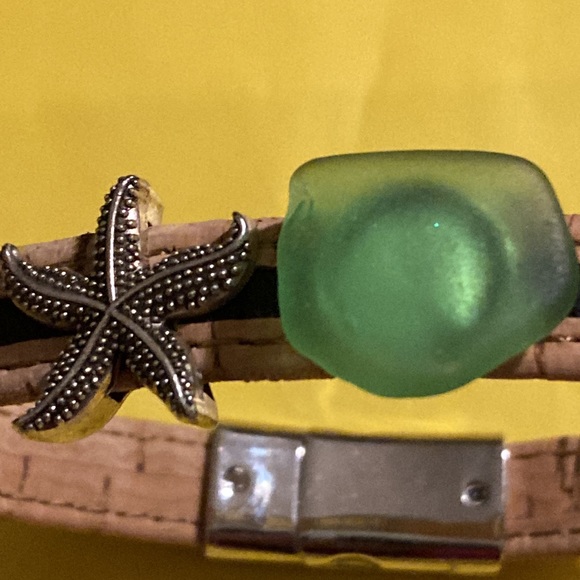 Handmade Cork Bracelet with Sea-Glass, Starfish Charms, magnetic Fasten, Size7 - Picture 2 of 6